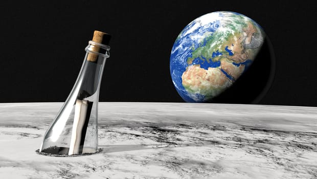 Closeup of a message in a bottle on the lunar surface and the world in the background