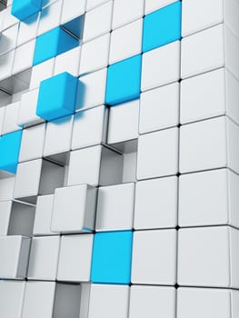 abstract smooth grey metallic cubes with a contrasting blue cube