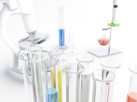Microscope and glass test tubes in laboratory