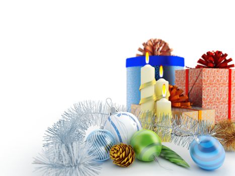 christmas balls, decorations, gifts and candles on a white background