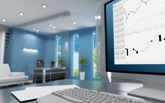 Workplace of the trader in modern cubicle with keyboard and monitor