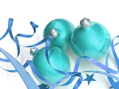 blue christmas toys in an environment of stars and a tinsel on a white background