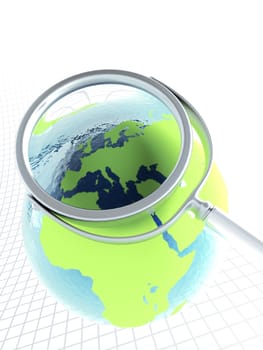 Magnifier and earth sphere on a light background