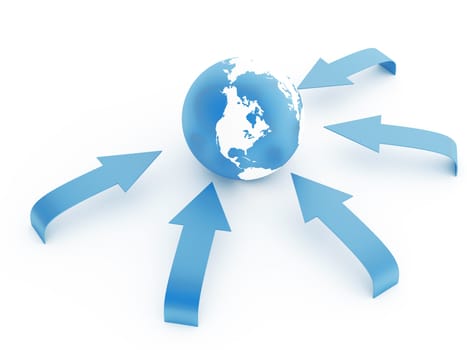 earth in an environment of blue arrows on a white background