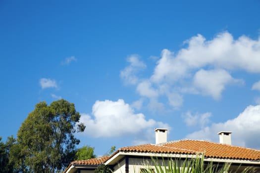Tree and tile roof of a building against cloudy blue sky