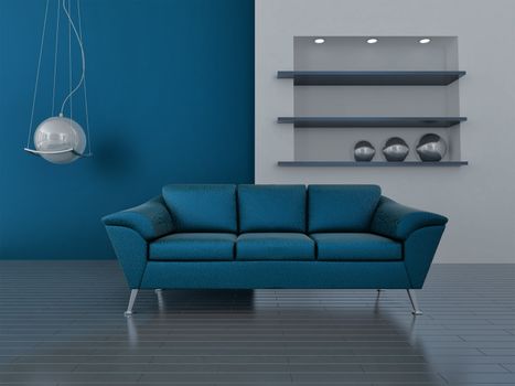interior in blue tones with a sofa and lamp