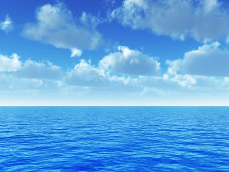 cloudy blue sky leaving for horizon above a blue surface of the sea