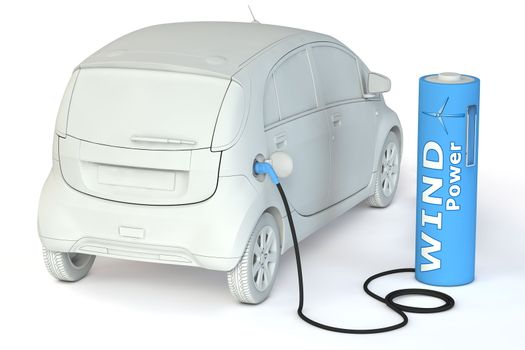 alternative energy wind power - a light blue battery as a fuel pump fuels an E-Car