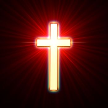 golden glowing cross over red light rays