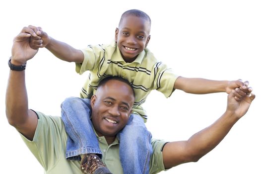 African American Son Rides Dad's Shoulders Isolated on a White Background.