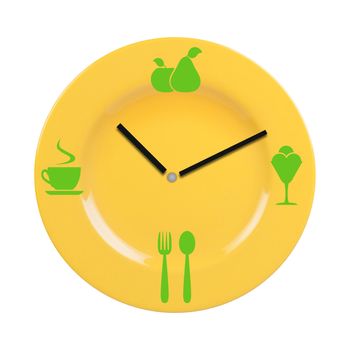 Plate with a dial and icon food. Concept of meal time.