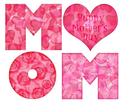 Happy Mothers Day Mom Alphabet Letters with Rose Hearts Pattern Illustration Isolated on White Background