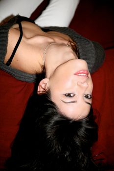 Brunette model upside down portrait