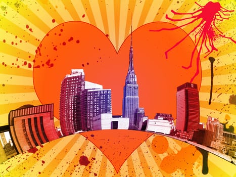 Urban illustration with heart and buildings on grunge background