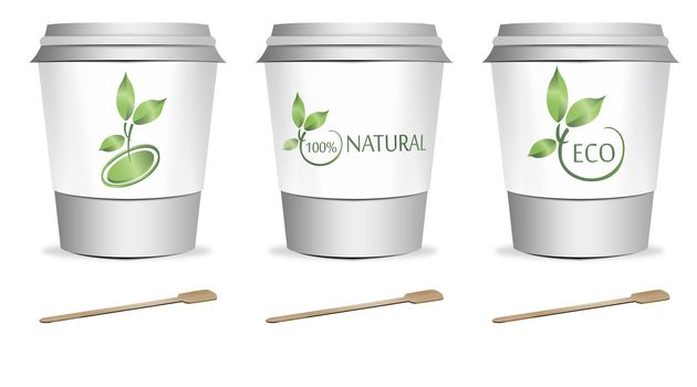 3 plastic coffee or tea cups with stirrers over white background