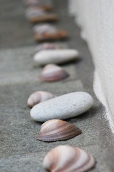 Line up of shells and stones on side of bathtub. Spa Objects