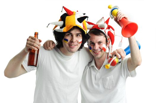 An image of two football fans with a bottle of beer