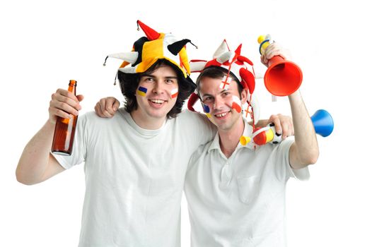 An image of two football fans with a bottle of beer