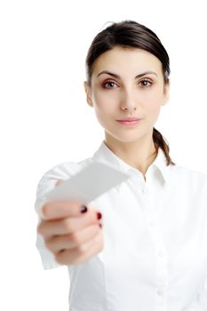 Young businesswoman holding blank businesscard in hand