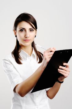 An image of secretary holding black notepad