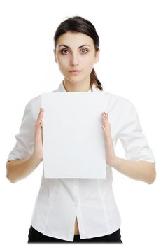An image of young woman holding white paper