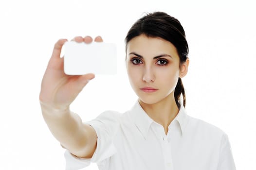 An image of young woman holding blank businesscard in hand