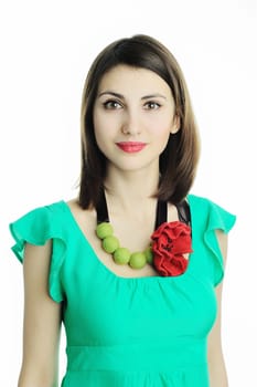 An image of a pretty woman with a green dress on