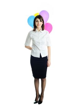 An image of happy young woman with birthday balloons