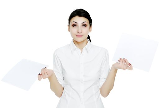 An image of young businesswoman holding sheets of papper