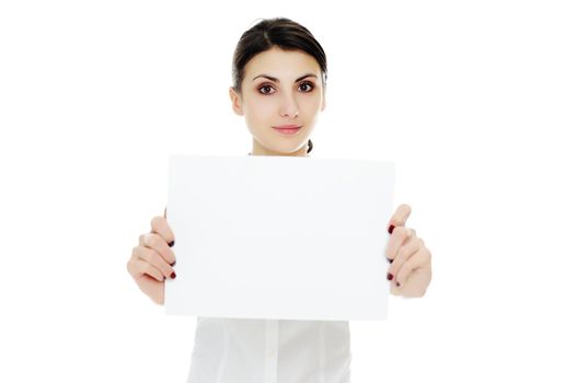 An image of young woman holding white paper