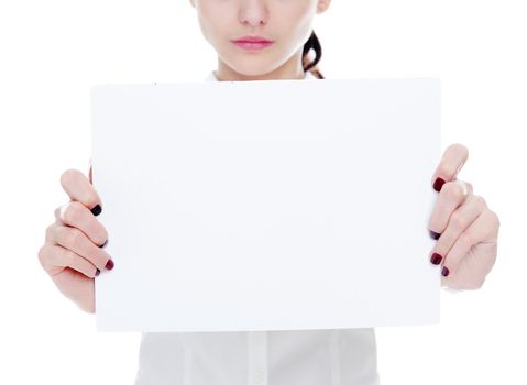 An image of young businesswoman holding sheet of papper