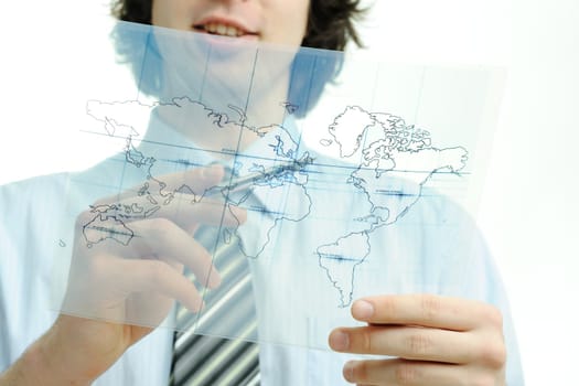 A businessman with a map of the world printed on a transparent material