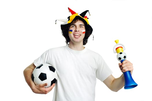 An image of football fan with ball and trumpet