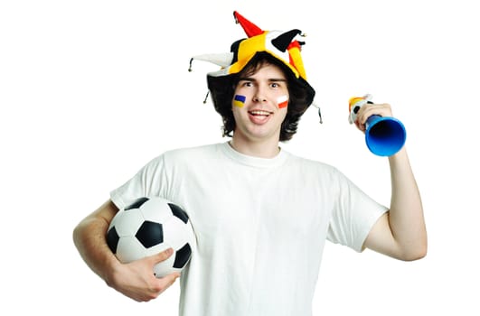 An image of football fan with ball and trumpet