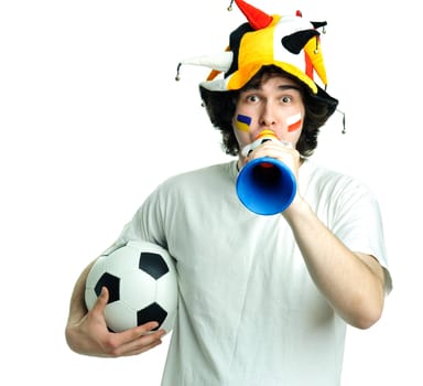 An image of football fan with ball and trumpet