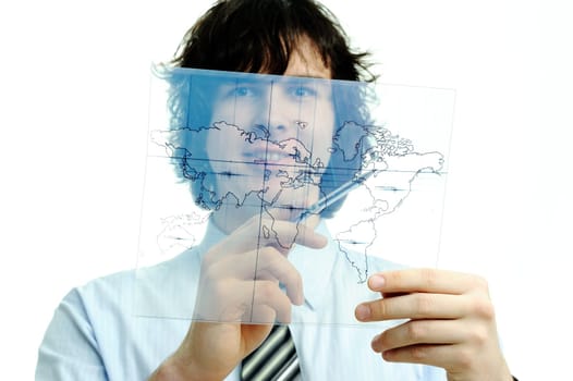 A young man with a map of the world printed on a transparent material
