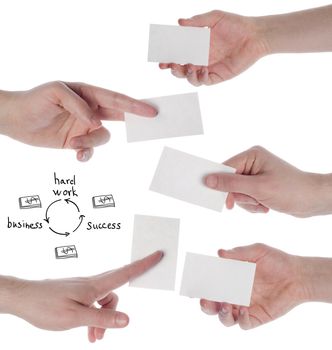 Hands hold business cards on white background