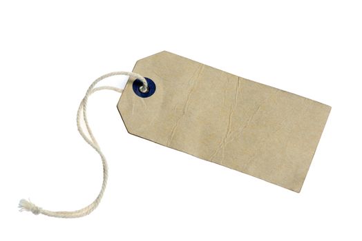 old paper label with string, isolated on the white background.