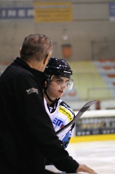 ZELL AM SEE; AUSTRIA - OCT 01: Austrian National League. The coach of Linz tells his player Nachbaur Ralph-Maria how to play. Game EK Zell am See vs Linz II (Result 5-2) on October 01, 2011 in Zell am See.