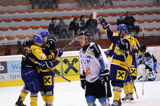 ZELL AM SEE; AUSTRIA - OCT 01: Austrian National League. EKZ celebrates their 2nd goal. Game EK Zell am See vs Linz II (Result 5-2) on October 01, 2011 in Zell am See.