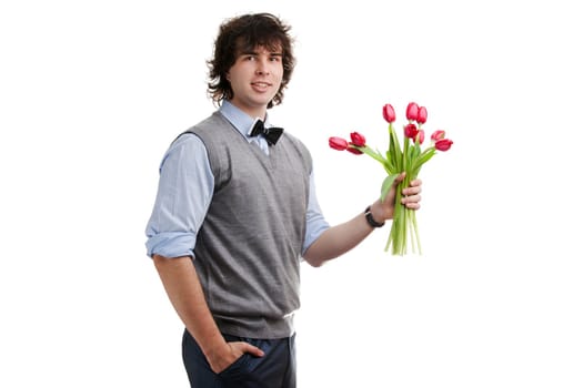 An image of a young boy with red flowers