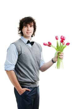 An image of a young boy with flowers