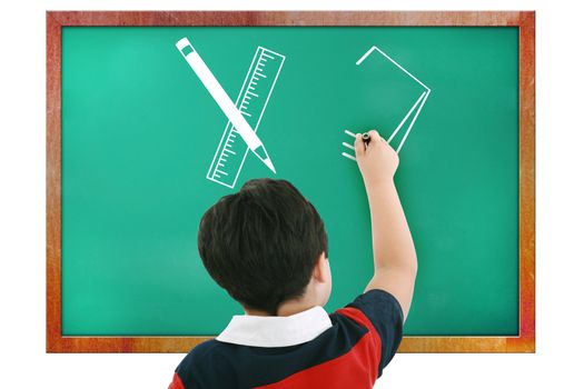 Boy in classroom thinking, writing and counting on board