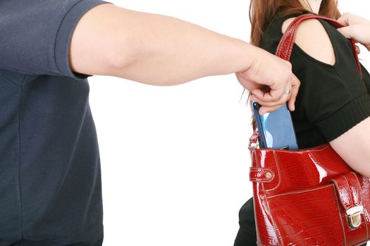 man pickpocketing a purse from woman's bag