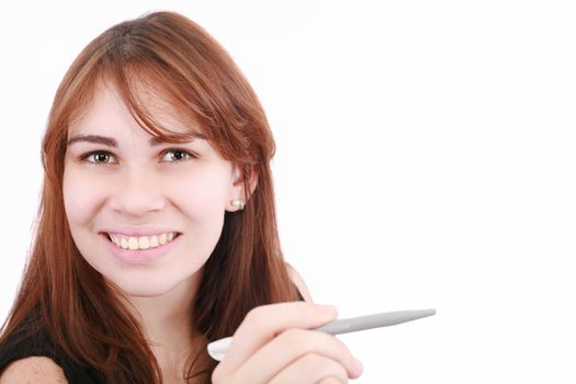 Portrait of beautiful smiling businesswoman with pen at office.