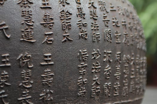 Chinese characters on a metal sphere.