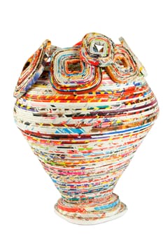colored basket made from recycled paper on white background