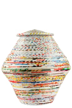 colored basket made from recycled paper on white background