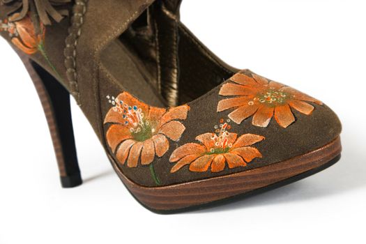 brown women high heels shoes with printed flower on white background