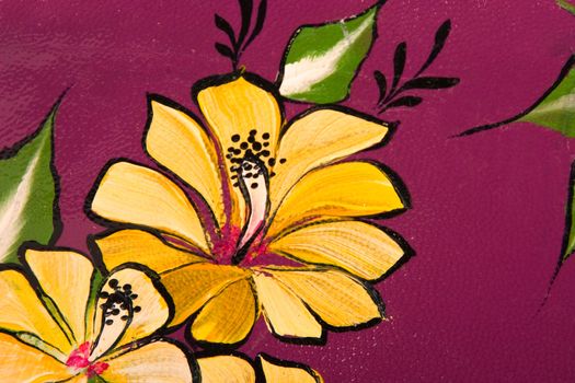 yellow flower and green leaf print on purple leather